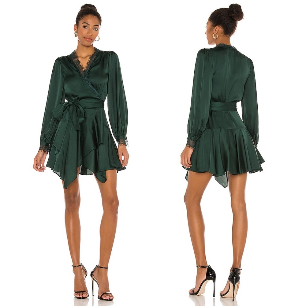 NEW Lovers & Friends $288 NADEEN Dark Green Satin Mini Dress XS NWT - Picture 1 of 12